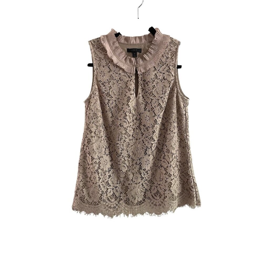 J.Crew Women Size XS Tan Floral Lace Sleeveless Keyhole Ruffleneck Blouse Top